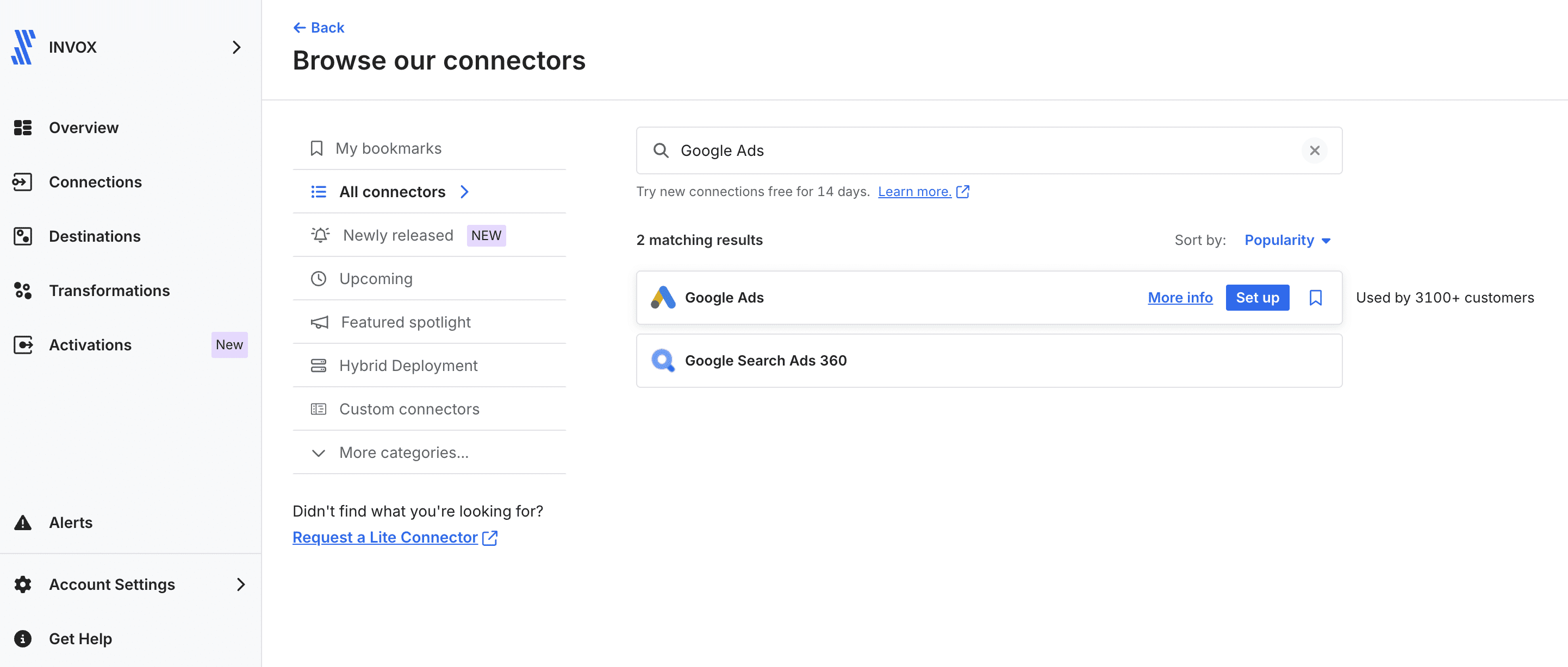 Fivetranのコネクタ一覧で「Google Ads」を検索し、Set upボタンが表示された状態