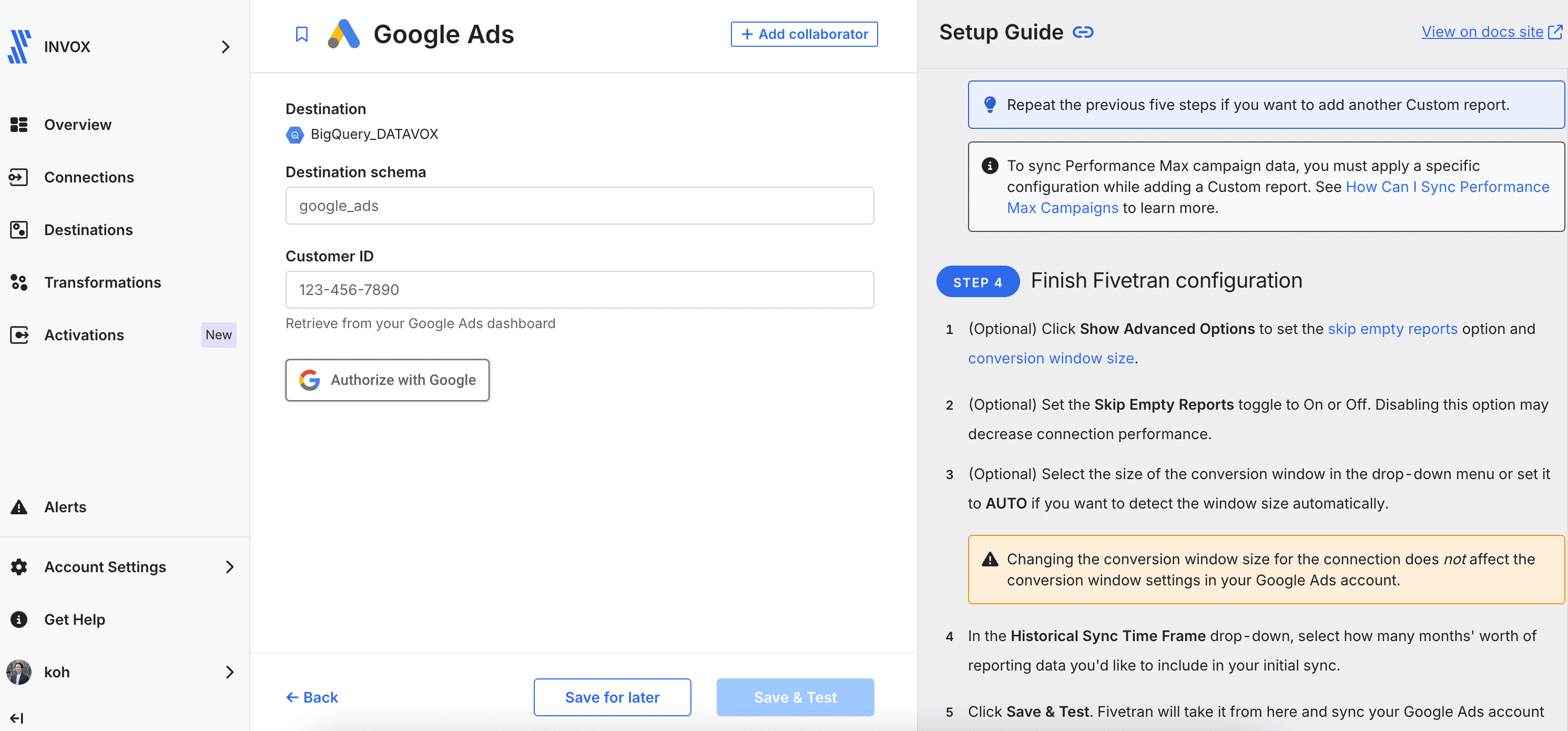 FivetranのGoogle広告の設定画面。Customer IDの入力欄と「Authorize with Google」ボタンがある