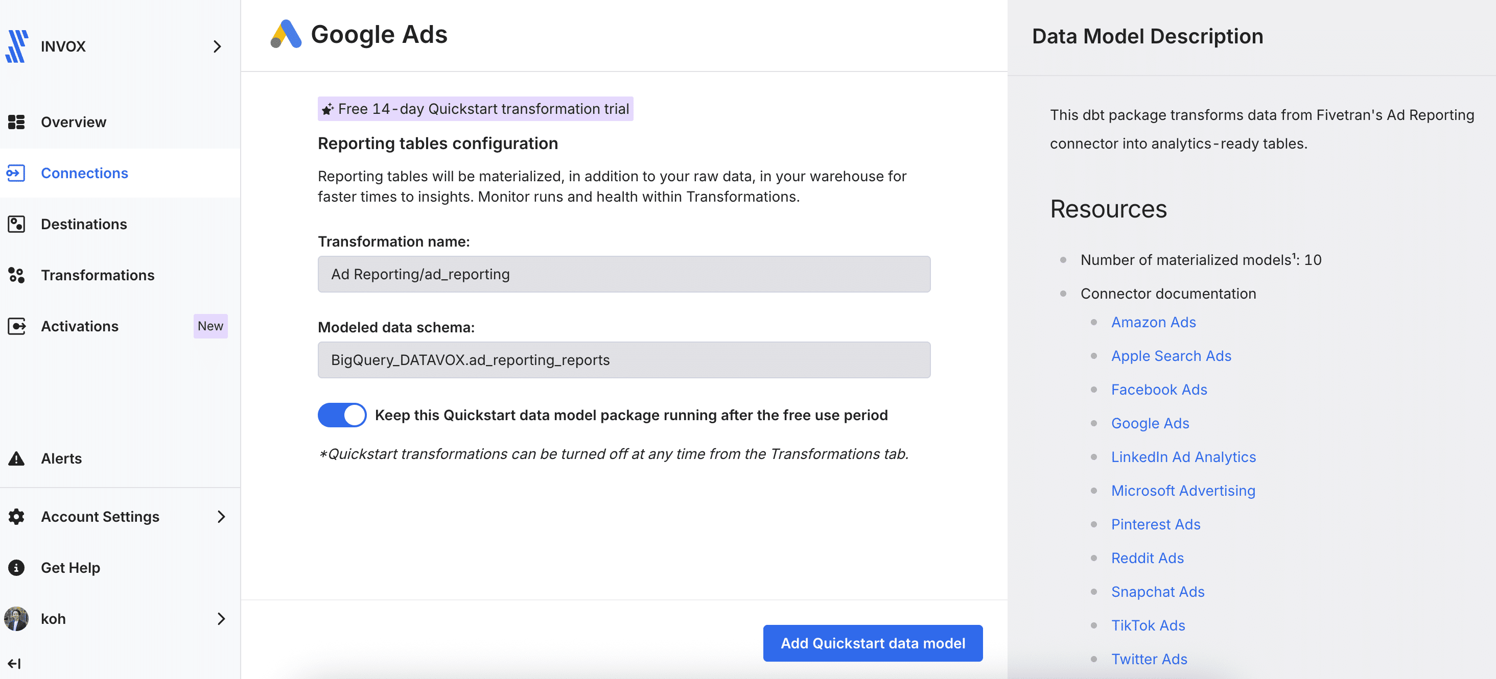 FivetranのQuickstartのデータモデルの設定画面。変換名「Ad Reporting/ad_reporting」と、出力先のスキーマが表示されている