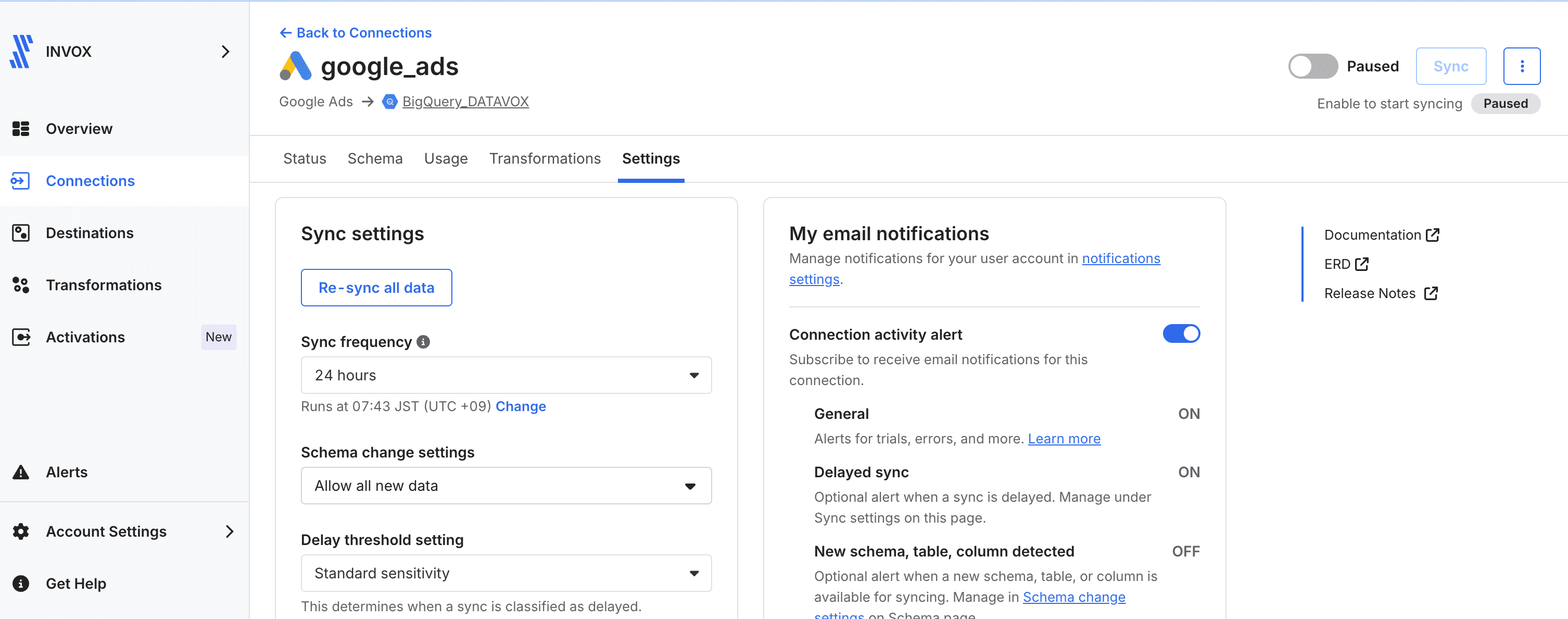 FivetranのGoogle広告のConnectionのSettingsタブ。Sync frequencyで同期の間隔を選べる