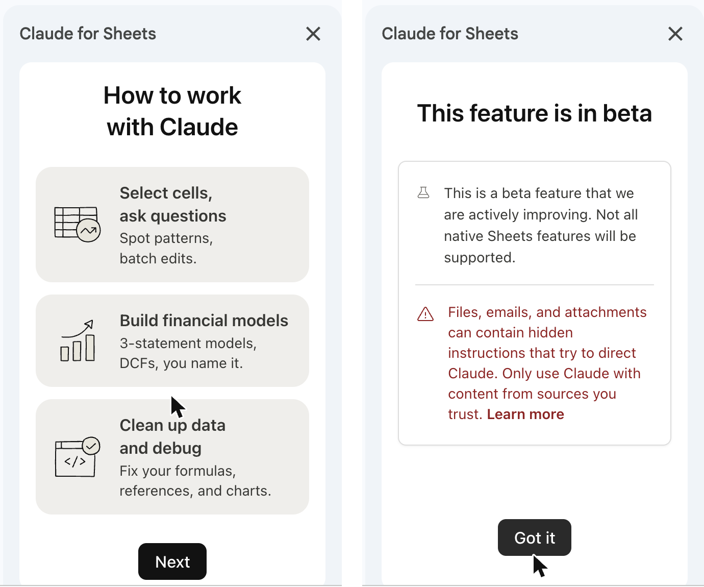 Claude for Sheetsのサイドバーの案内。左はセルを選んで質問する、財務モデルを作る、データを整えて数式を直すという使い方の案内。右はベータ版であることと、ファイルやメールに隠れた指示が含まれている可能性への注意