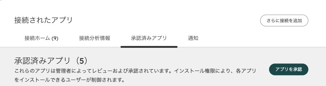 HubSpotの「接続されたアプリ」の「承認済みアプリ」タブ。右上に「アプリを承認」ボタンがある