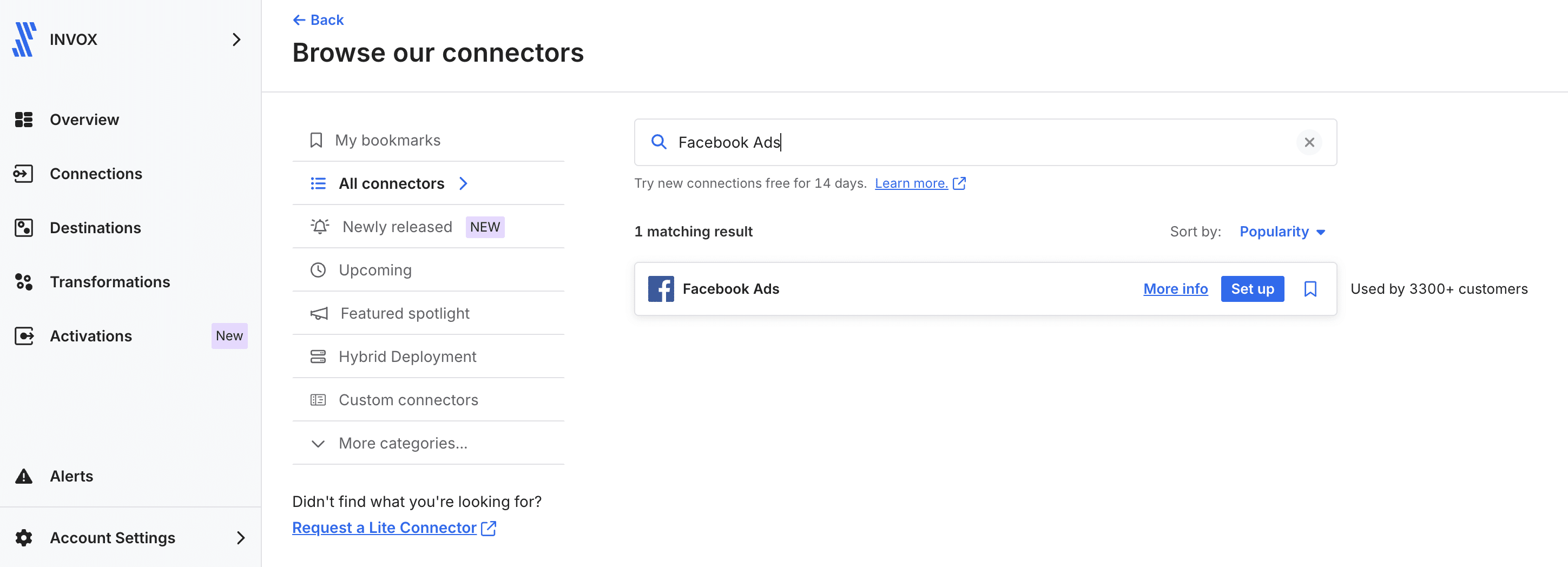 Fivetranのコネクタ一覧で「Facebook Ads」を検索し、Facebook Adsのコネクタが表示された状態