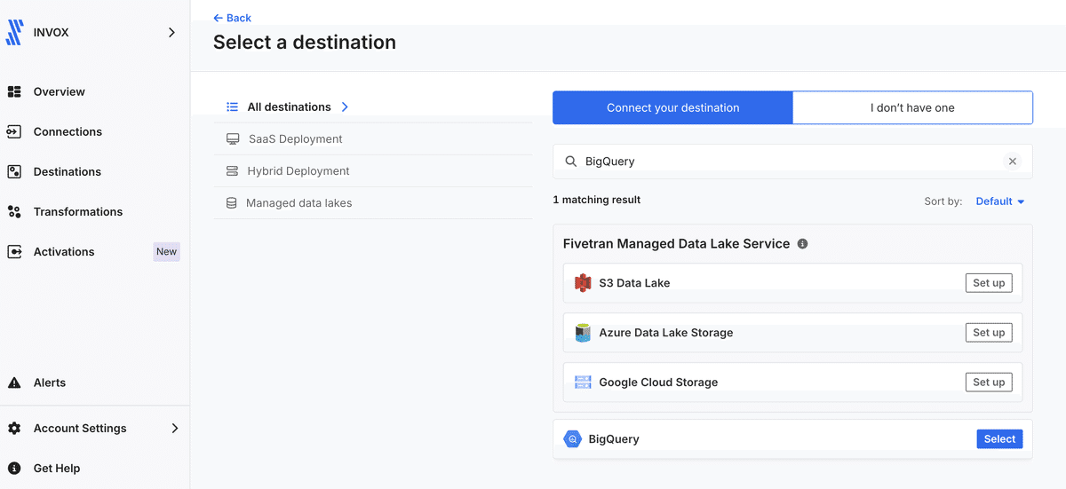 Fivetranの転送先の選択画面で「BigQuery」を検索し、Selectボタンが表示された状態