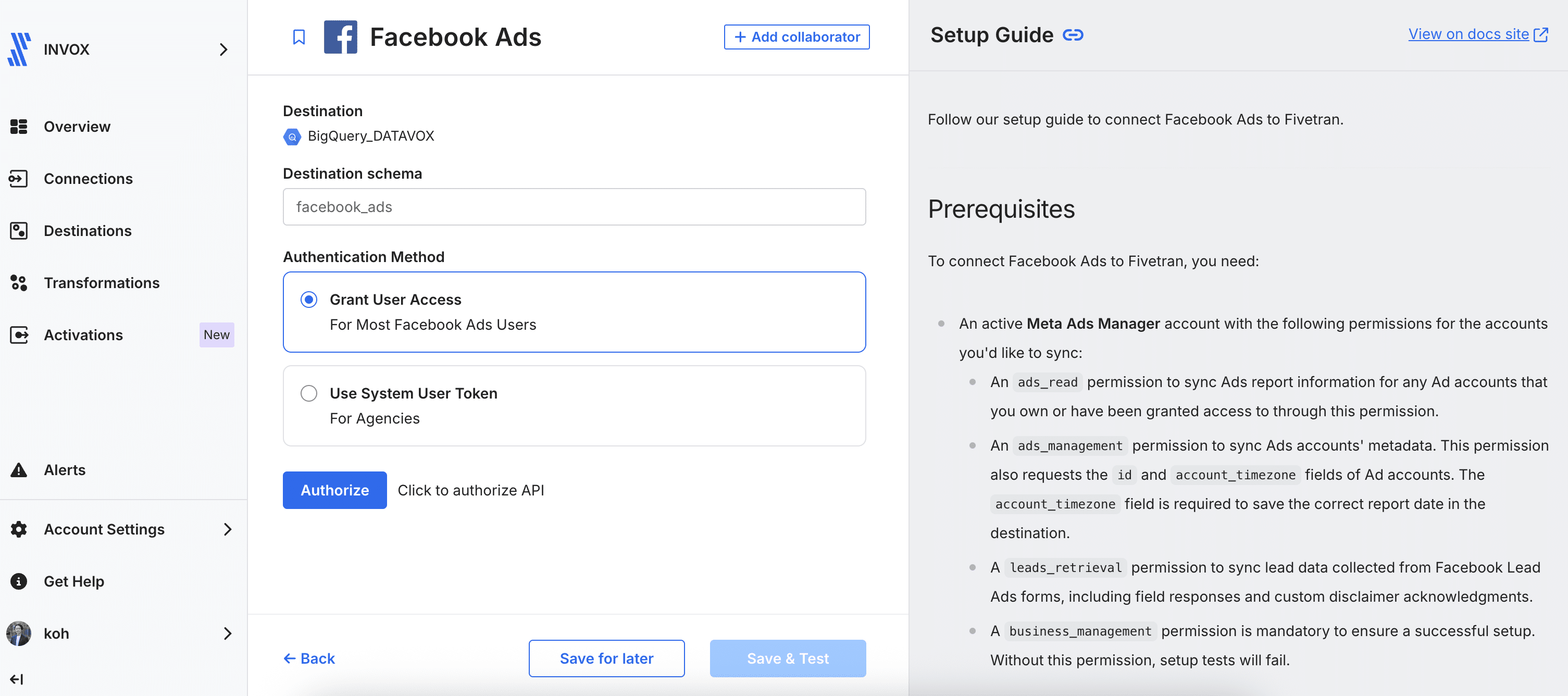 FivetranのFacebook Adsの設定画面。認証方法としてGrant User AccessとUse System User Tokenを選ぶ欄と「Authorize」ボタンがあり、右側にセットアップガイドが表示されている