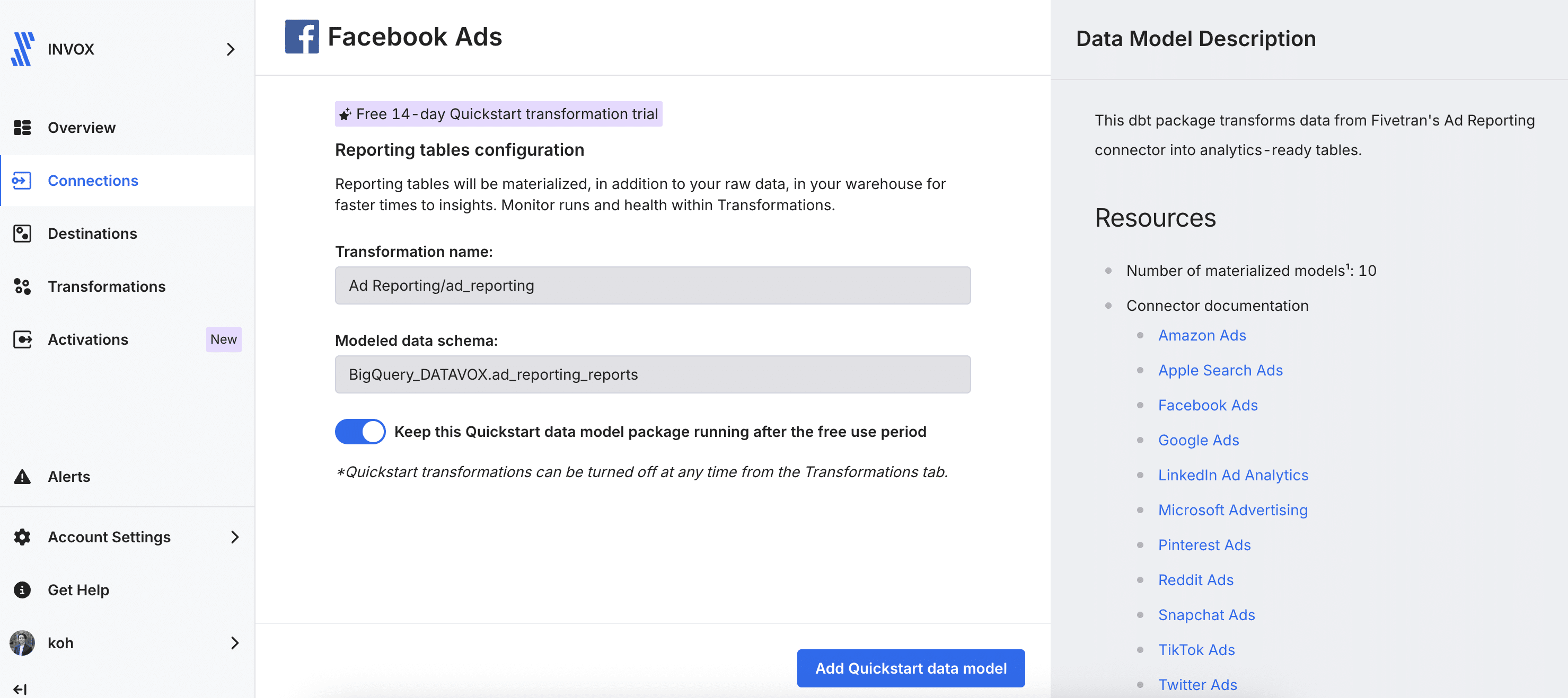 FivetranのFacebook Adsの設定後に表示される、Quickstartのデータモデル（Ad Reporting）を追加する画面