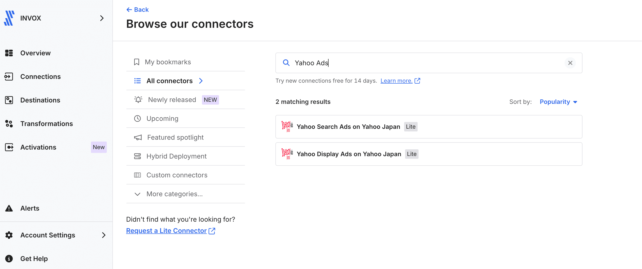 Fivetranのコネクタ一覧で「Yahoo Ads」を検索し、Yahoo Search Ads on Yahoo JapanとYahoo Display Ads on Yahoo Japanの2つが表示された状態