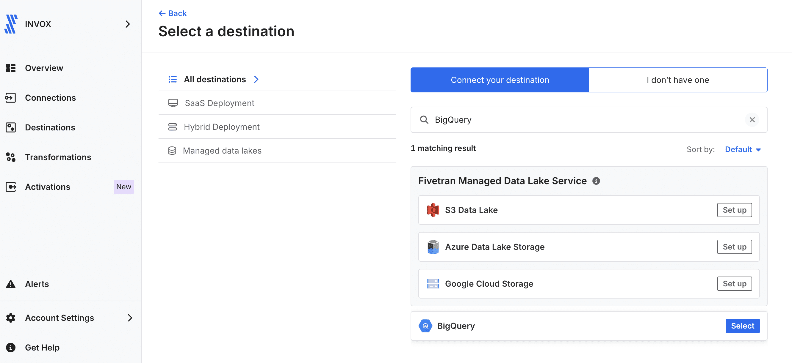 Fivetranの転送先の選択画面で「BigQuery」を検索し、Selectボタンが表示された状態