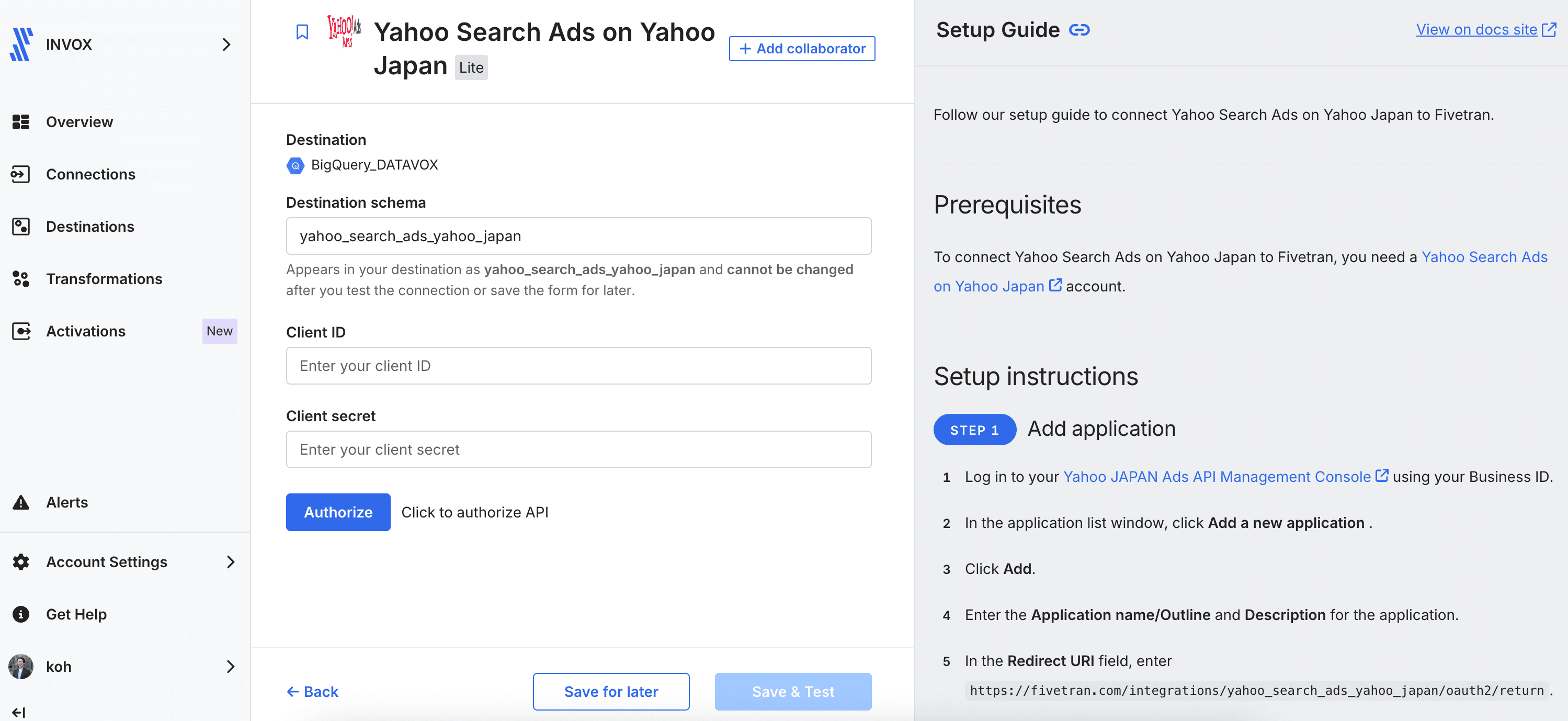 FivetranのYahoo Search Ads on Yahoo Japanの設定画面。Client IDとClient secretの入力欄と「Authorize」ボタンがあり、右側にセットアップガイドが表示されている